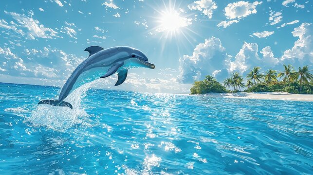 Joyful Baby Dolphin Leaping in Blue Ocean with Island in Distance - Copy Space