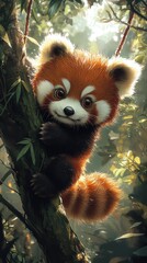 Obraz premium Adorable Baby Red Panda Exploring the Treetops in a Lush Forest Canopy - Space for Text