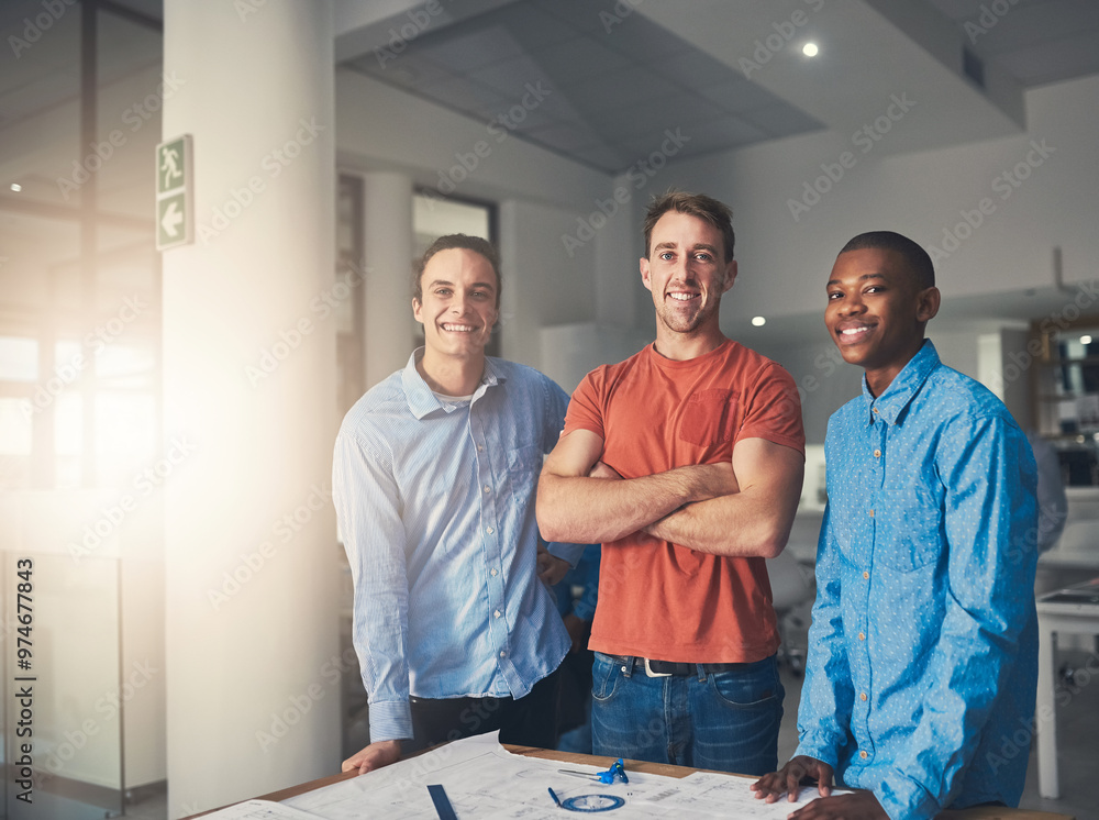 Poster group, happiness and portrait in business meeting or office as project manager in architecture firm.