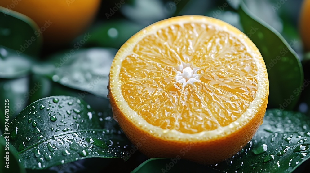 Poster orange fruit isolate orange citrus with drops on white background whole wet orange fruit with leaves