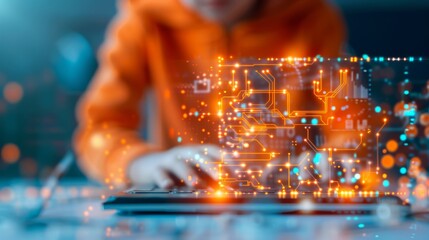 Emerging Technologist, a young person engaged in coding, surrounded by glowing circuit patterns, symbolizing connection and innovation in the digital age.