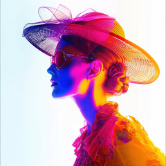 fashion woman colorful silhouette hat sunglasses profile light portrait vibrant neon elegant chic artistic glamour style model modern photogenic contemporary 