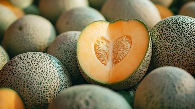 A pile of fresh melons and one fruit cut open to reveal the fruit  group : Generative AI