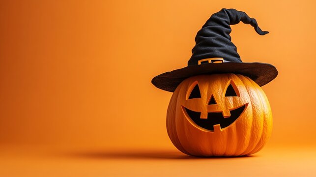 Halloween pumpkin wearing a witch's hat on orange background