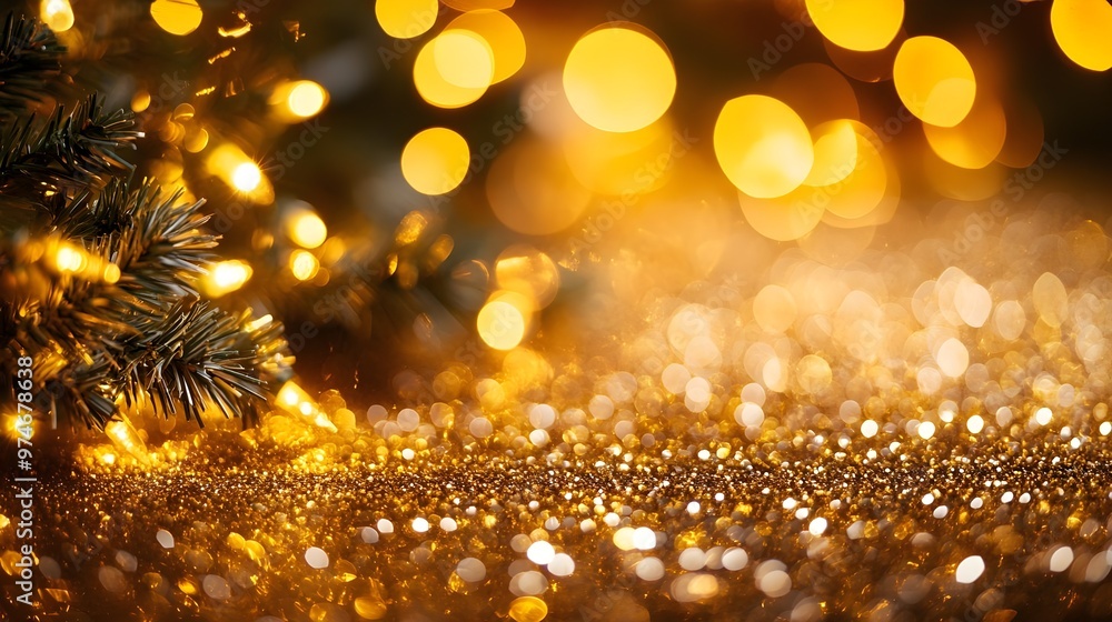 Sticker golden glitter and bokeh lights christmas background