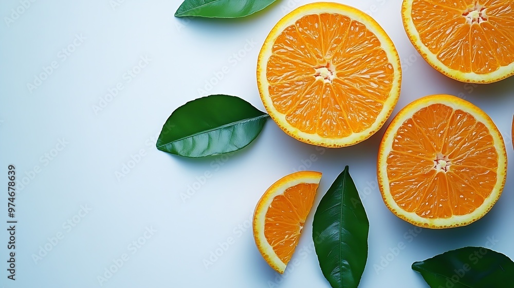 Poster orange fruit with segment and green leaves isolated on white background : generative ai