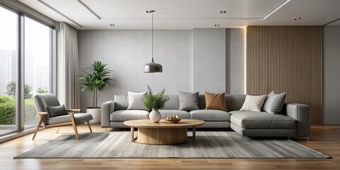 Sala de estar gris y blanca con sillon grande y mesa en el centro, living room, grey, white
