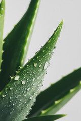 close-up of aloe vera with dew drops on a white background, detailed texture of the leaves, vibrant green color, high-quality