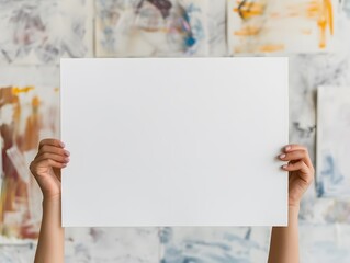 A hand holding a white piece of paper in front of a colorful painting