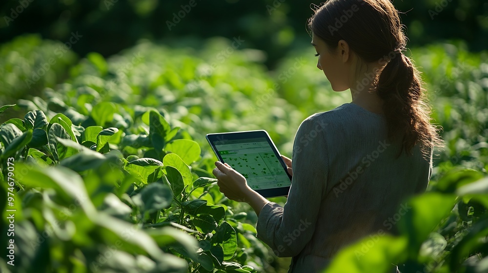 Fototapete smart farming soybean technology female farmer with digital tablet examines and checkins roots of so