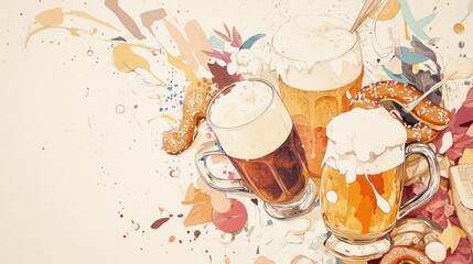 Vintage Beer Festival Sketch with Detailed Steins and Pretzels in Muted Tones