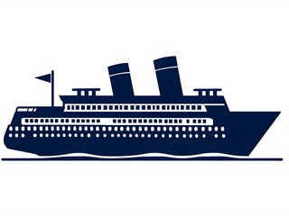 Obraz premium Minimalist illustration of a ship sailing on water in vector style, simple silhouette of an ocean liner, cruise ship vector icon representing marine travel and transportation