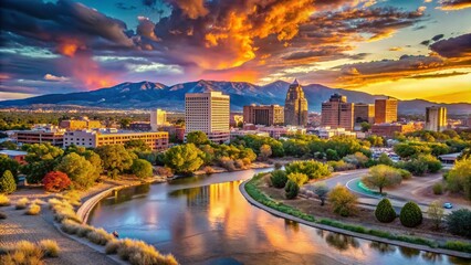 Vibrant cityscape of Albuquerque, New Mexico, featuring the Rio Grande River, majestic Sandia Mountains, and a panoramic view of modern buildings at sunset.