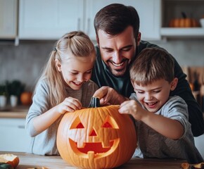 Fototapeta premium A happy family preparing for Halloween in a middle class kitchen Generative AI