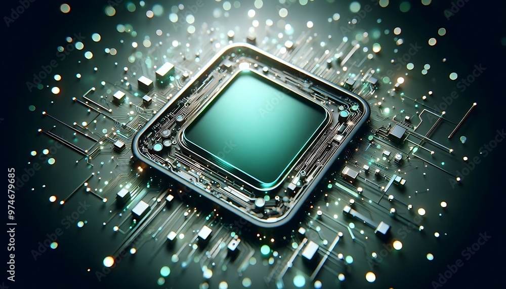 Poster a computer chip with a green square on it. the chip is surrounded by a lot of small squares and dots