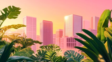 Smart Cityscape with Greenery at Dusk, Pink Themed AR Concept for Modern Urban Planning Generative AI