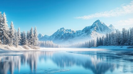 Fototapeta premium A serene winter landscape featuring snow-covered mountains and a calm, reflective lake.