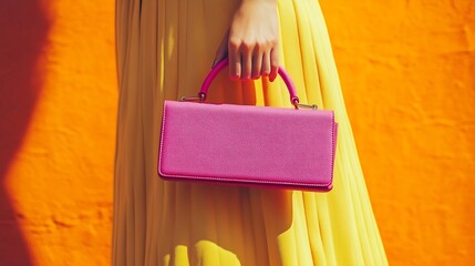 Arm holding bright pink purse on orange background : Generative AI