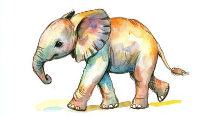 Obraz premium Charming Cartoon Drawing of a Cute Elephant in Watercolor Style. A Delightful and Playful Illustration Featuring a Joyful Elephant, Perfect for Children's Art and Whimsical Designs with Soft and Gentl