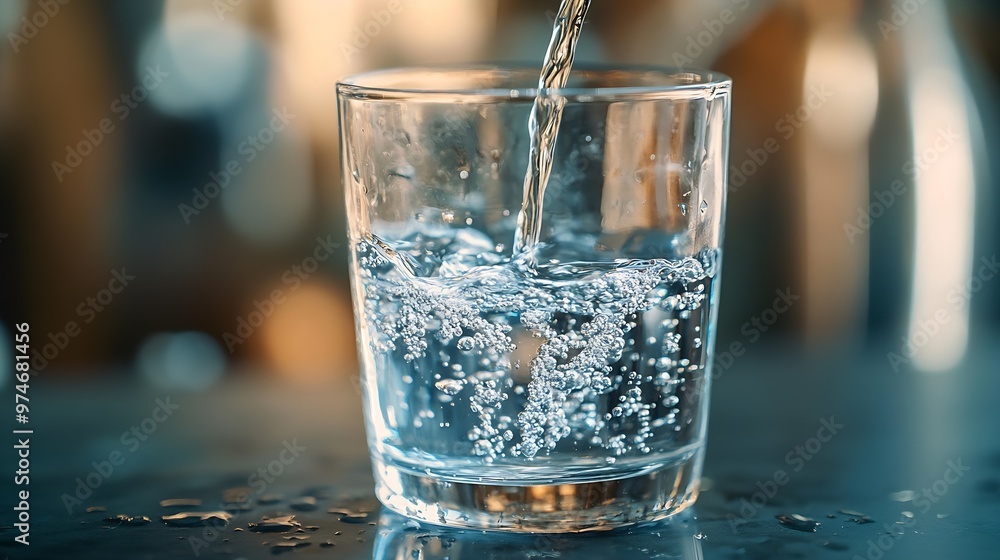 Aufkleber pouring drinking water in a transparent glass isolated on abstract background with glass table water resource concept with copy space : Generative AI