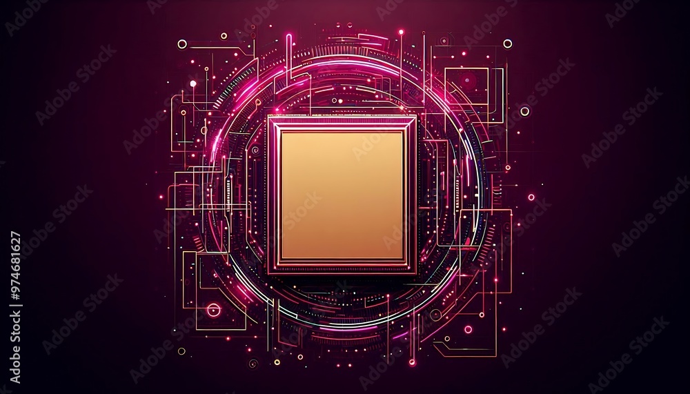Poster a colorful, abstract image of a square with a frame. the frame is surrounded by a circle of lights a