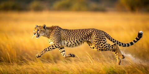 Fototapeta premium Cheetah running at full speed on the savannah, wildlife, fast, speed, sprint, pursuit, predator, grace, agility, powerful