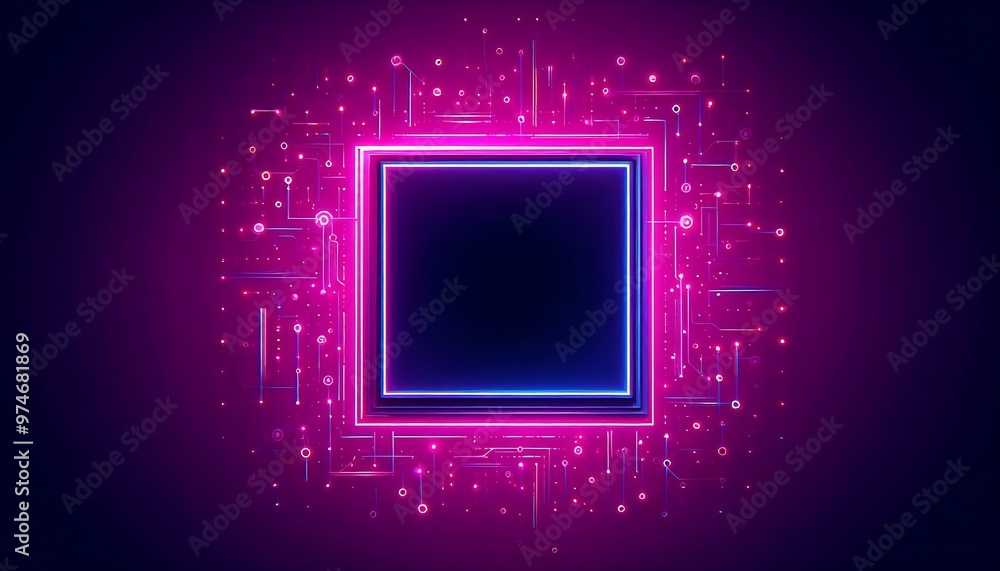 Poster a purple square with a black frame. the frame is filled with neon lights and the square is empty