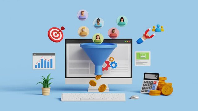 Lead generation concept. Financial analysis, business marketing strategies. Audience outreach and conversion. 3D computer with lead generation icons. 4K 3D animation. Trim first 3 sec for loop