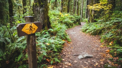 A hiking trail in a lush forest with a directional sign.