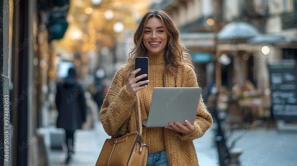 Aufkleber a woman is talking on her cell phone while holding a laptop and a handbag she is smiling and she is 