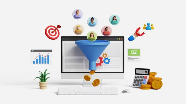 Lead generation, audience outreach concept. Convert audience into sales. CRO, conversion rate optimization. 3D computer with marketing funnel and icons. 4K 3D animation. Trim first 3 sec for loop