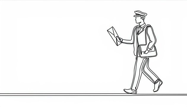 recommend clip art: single continuous line drawing of the postman carries postal package; isolated on white background