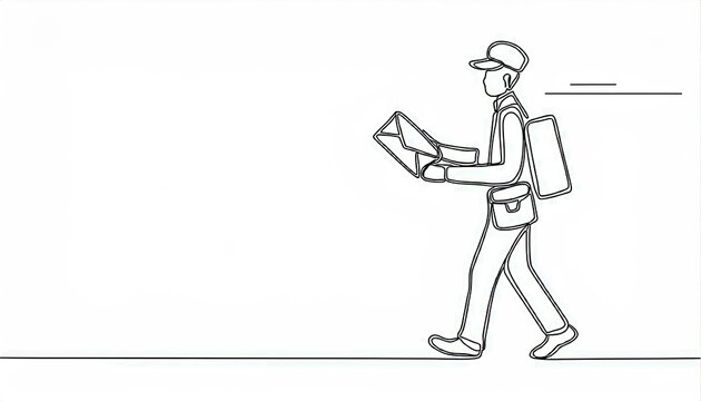 recommend clip art: single continuous line drawing of the postman carries postal package; isolated on white background