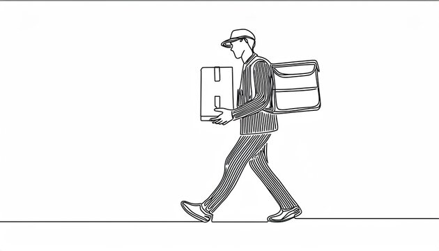 recommend clip art: single continuous line drawing of the postman carries postal package; isolated on white background