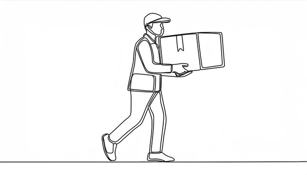 recommend clip art: single continuous line drawing of the postman carries postal package; isolated on white background