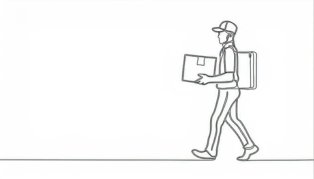 recommend clip art: single continuous line drawing of the postman carries postal package; isolated on white background