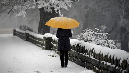 Person Holding Yellow Umbrella in a Serene Snowy Landscape, Standing Alone on a Snow-Covered Pathway