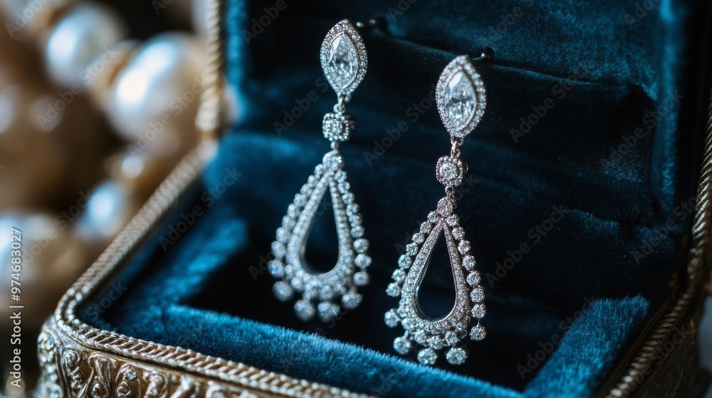 Poster a high-resolution image of a pair of sophisticated diamond drop earrings hanging from a luxurious ve