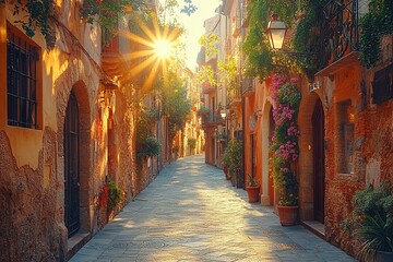 Fototapeta premium A narrow alley bathed in warm sunlight flanked by historic buildings
