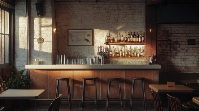 A cozy bar interior with wooden accents and a well-stocked shelf of spirits.