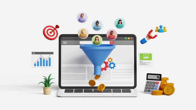 Lead generation, audience outreach concept. Convert audience into sales. CRO, conversion rate optimization. 3D laptop with marketing funnel and icons. 4K 3D animation. Trim first 3 sec for loop