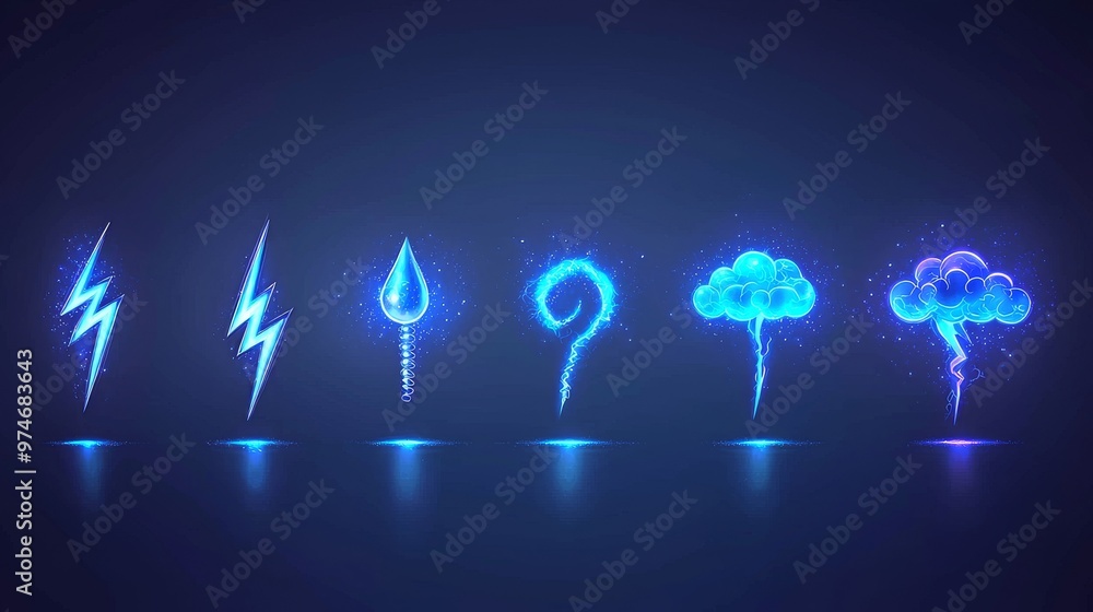 Wall mural animated lightning strike, electric strike, magic electricity hit, and thunderbolt effect. blue glow