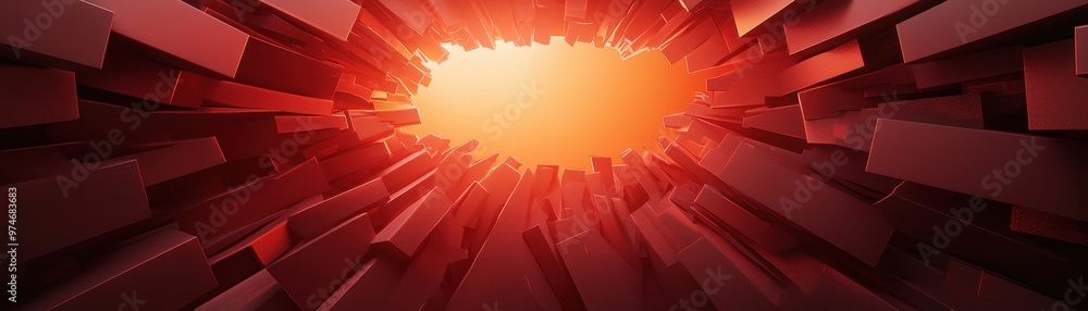 Poster abstract composition of red blocks forming a tunnel with a glowing orange center, symbolizing direct