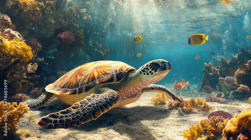 Poster a high-resolution image of a sea turtle resting on a sandy coral reef, with colorful fish swimming n