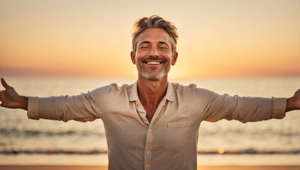 Portrait of a Calm Happy Man with Open Arms