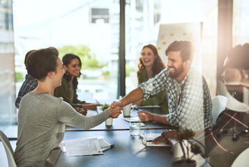 Employees, shaking hands and deal in boardroom with client, negotiation success and acquisition. Business people, meeting and thank you for partnership at sales agency, welcome and onboarding respect