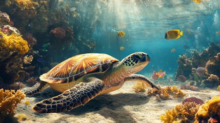 Fototapeta premium A high-resolution image of a sea turtle resting on a sandy coral reef, with colorful fish swimming nearby and the underwater ecosystem in full view