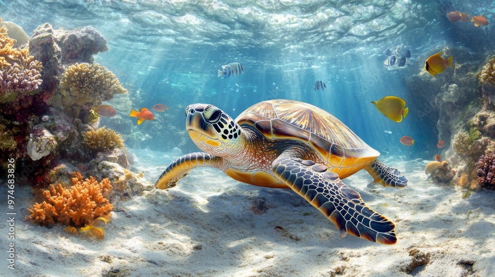Poster a high-resolution image of a sea turtle resting on a sandy coral reef, with colorful fish swimming n