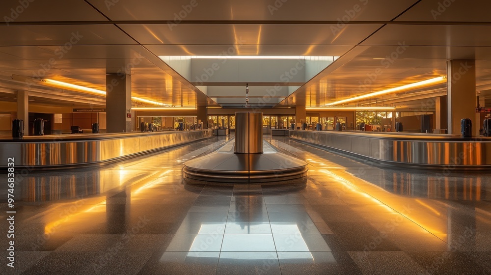 Poster A modern airport interior showcasing sleek design and warm lighting.