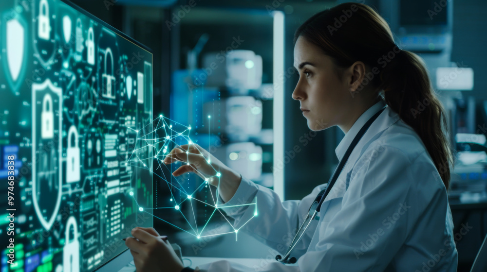Poster portrait of a scientist in a white coat working in a modern secure laptop computer with a large scre